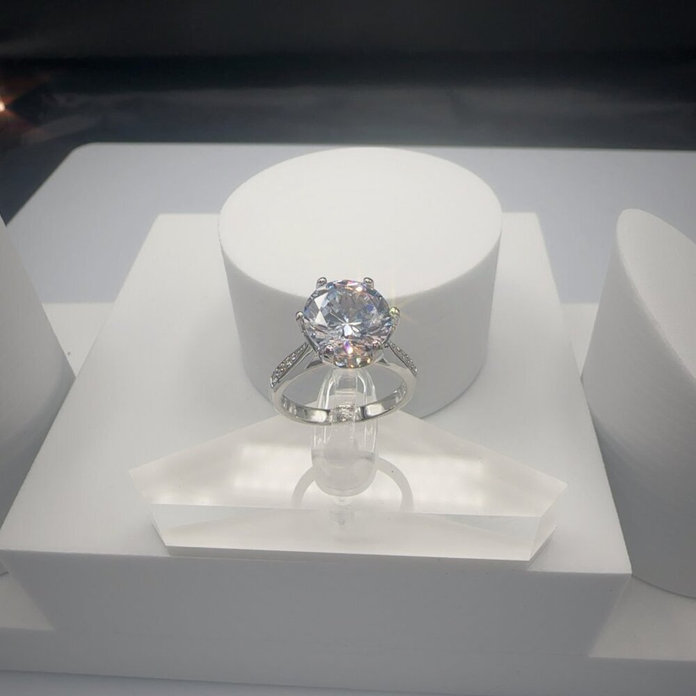 Round Cut Simulated Diamond Engagement Ring With Pave Band In Silver Tone 4CT - Picture 12 of 14